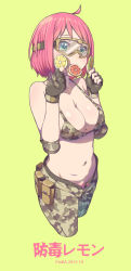 Rule 34 | 1girl, 2015, absurdres, ahoge, artist name, bare shoulders, bikini, breasts, buttons, camouflage, camouflage bikini, camouflage gloves, camouflage pants, cloba (daeniel811015), collarbone, dated, elbow pads, fingerless gloves, food, fruit, gloves, goggles, green background, green eyes, groin, hands up, highres, holding, large breasts, lemon, lemon slice, looking at viewer, navel, open fly, original, pants, pink hair, short hair, simple background, solo, standing, stomach, swimsuit, unbuttoned, unzipped, zipper