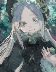 Rule 34 | 1girl, black bow, black capelet, black dress, black headwear, blue eyes, blue flower, blue rose, bow, capelet, closed mouth, commentary request, doll joints, dress, flower, forehead, frilled capelet, frills, gothic lolita, grey hair, hand up, head tilt, highres, joints, kayanogura, lolita fashion, long hair, long sleeves, looking at viewer, original, parted bangs, rose, smile, upper body