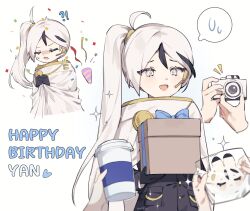 Rule 34 | 1boy, ahoge, birthday, black gloves, camera, character name, closed eyes, earpiece, gloves, highres, library of ruina, long hair, love mintchoco, microphone, multicolored hair, multiple views, open mouth, project moon, side ponytail, simple background, smile, spoken sweatdrop, streaked hair, sweatdrop, unusually open eyes, upper body, very long hair, white background, white hair, yan vismok
