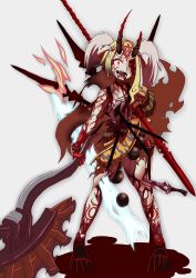 Rule 34 | 1girl, absurdres, arrow to the knee, axe, beads, blonde hair, blood, blood from mouth, blood on face, broken horn, colored skin, dagger, fate/grand order, fate (series), gae bolg (fate), glowing, glowing eyes, highres, horns, ibaraki douji (fate), injury, japanese clothes, kimono, knife, ogawa shou, one eye closed, oni, polearm, prayer beads, red eyes, red skin, sharp teeth, short kimono, solo, spear, stab, teeth, torn clothes, weapon