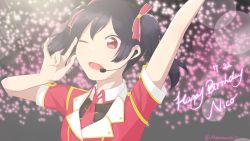 Rule 34 | 1girl, artist name, artist request, back ribbon, black hair, black ribbon, blush, bokura no live kimi to no life, bow, collared shirt, dress, earrings, female focus, hair bow, headphones, highres, jewelry, looking at viewer, love live!, love live! school idol project, makaron (makaronnn627), nico nico nii, one eye closed, parted lips, pink bow, red bow, red dress, red eyes, red neckwear, ribbon, shirt, short hair, smile, solo, twintails, yazawa nico