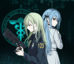 2girls back-to-back bang_dream! bang_dream!_it&#039;s_mygo!!!!! black_ribbon blue_hair blue_jacket closed_mouth coat commentary cosplay dominator_(gun) english_commentary green_hair gun hair_ribbon highres holding holding_gun holding_weapon jacket logo long_hair long_sleeves looking_back multiple_girls niehe_fanshe psycho-pass ribbon second-party_source sidelocks togawa_sakiko two_side_up upper_body wakaba_mutsumi weapon white_coat yellow_eyes