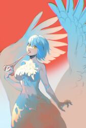 Rule 34 | 1girl, absurdres, biting, blue hair, breasts, chimera, chromatic aberration, cowboy shot, dragon girl, dungeon meshi, eating, falin touden, falin touden (chimera), feathered wings, feathers, fingernails, food, hand up, highres, holding, holding food, large breasts, looking at viewer, meat, medium breasts, monster girl, nude, red background, sharp fingernails, short hair, simple background, skeleton270, slit pupils, solo, spoilers, underboob, white feathers, white hair, wings, yellow eyes