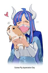 Rule 34 | 1girl, ahoge, animal, blue cape, blue hair, blue skirt, blush, cape, closed eyes, covered mouth, curled horns, dinosaur girl, guinea pig, heart, holding, holding animal, horns, long hair, mask, mouth mask, multicolored hair, one piece, pink hair, pink mask, raine (acke2445), skirt, solo, streaked hair, ulti (one piece)