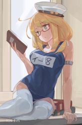 Rule 34 | 10s, 1girl, 2014, arm support, armband, blonde hair, blue eyes, book, breasts, cleavage, dated, glasses, hat, i-8 (kancolle), kantai collection, long hair, one-piece swimsuit, open book, reading, school swimsuit, sitting, solo, swimsuit, thighhighs, toro (konirio), white thighhighs, yokozuwari