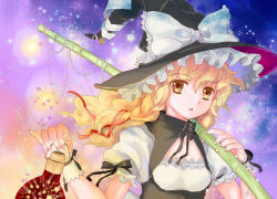 Rule 34 | 1girl, bamboo, beads, blonde hair, bow, braid, female focus, frills, gradient background, hat, kirisame marisa, lamp, long hair, nanami sano, open mouth, solo, touhou, upper body, witch, witch hat, wrist cuffs, yellow eyes