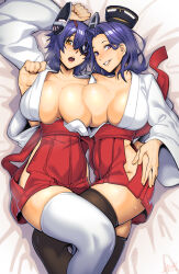 Rule 34 | 2girls, alternate costume, black thighhighs, breasts, dyun, eyepatch, floating headgear, hair intakes, hakama, hakama short skirt, hakama skirt, halo, headgear, highres, hip vent, huge breasts, japanese clothes, kantai collection, kimono, looking at viewer, lying, mechanical halo, multiple girls, nontraditional miko, on back, open mouth, purple eyes, purple hair, red hakama, short hair, skirt, smile, tatsuta (kancolle), tenryuu (kancolle), thighhighs, white kimono, white thighhighs, wide sleeves, yellow eyes