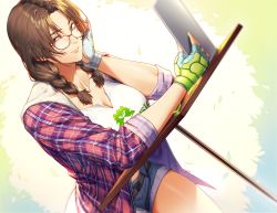 Rule 34 | 1girl, bad id, bad pixiv id, belt, braid, breasts, cleavage, closed mouth, collarbone, commentary request, denim, denim shorts, dutch angle, fingerless gloves, glasses, gloves, green gloves, hand on own cheek, hand on own face, highres, holding, holding tablet pc, houjoh (7th-heaven), julia chang, large breasts, looking at viewer, namco, parted bangs, shirt, shorts, sleeves rolled up, smile, solo, table, tablet pc, tekken, tekken 7, thighs, twintails, white shirt
