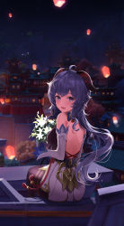 Rule 34 | 1girl, absurdres, ahoge, architecture, back, backless outfit, bare shoulders, black pantyhose, blue hair, bouquet, breasts, detached sleeves, east asian architecture, flower, from behind, ganyu (genshin impact), genshin impact, gold trim, highres, holding, holding bouquet, holding flower, horns, lantern, long hair, looking at viewer, looking back, medium breasts, night, open mouth, outdoors, pantyhose, paper lantern, purple eyes, red rope, rope, sidelocks, sitting, smile, solo, tassel, white flower, white sleeves, yoitsu (yoitsu3)