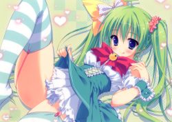 Rule 34 | 1girl, :q, blue eyes, bow, clothes lift, dress, dress lift, earrings, garter straps, green hair, hair bow, heart, highres, jewelry, melon-chan, melonbooks, ryouka (suzuya), solo, striped clothes, striped thighhighs, thighhighs, tongue, tongue out, twintails, wrist cuffs
