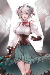 Rule 34 | 1girl, black gloves, blue eyes, blush, breasts, building, ciel alencon, corset, crying, dress, fingerless gloves, frilled dress, frills, gloves, god eater, green dress, grey hair, hair between eyes, highres, holding, holding weapon, large breasts, looking at viewer, open mouth, post-apocalypse, puffy sleeves, red ribbon, ribbon, smile, solo, tarutaru yamaoka, tears, weapon