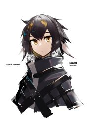 Rule 34 | 1girl, ahoge, arknights, black cloak, black hair, brown eyes, brown hair, character name, cloak, closed mouth, collar, commentary request, dated, deel (rkeg), english text, feather hair, hair between eyes, highres, looking at viewer, multicolored hair, no headwear, one-hour drawing challenge, plume (arknights), short hair, simple background, solo, upper body, white background
