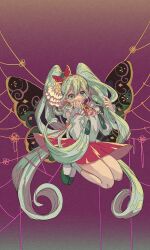 Rule 34 | 1girl, absurdly long hair, aqua eyes, aqua hair, butterfly wings, character request, check character, cleavage cutout, clothing cutout, covering own mouth, detached sleeves, frilled sleeves, frills, full body, gradient background, green footwear, grey shirt, hair ornament, hands up, hatsune miku, highres, insect wings, legs up, long hair, purple background, red skirt, shirt, shoes, skirt, solo, very long hair, vocaloid, wings, yuuinami