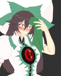 Rule 34 | 1girl, absurdres, black hair, blush, bow, cape, frills, green bow, hair between eyes, hair bow, highres, lautaro, long hair, meme, puffy sleeves, red eyes, reiuji utsuho, simple background, solo, sweat, touhou, towel, upper body, white background