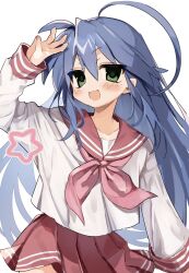 Rule 34 | 1girl, :d, ahoge, arm up, blue hair, blush, commentary, cowboy shot, green eyes, hair between eyes, highres, izumi konata, kmnk (kumanuko), long hair, long sleeves, looking at viewer, lucky star, mole, mole under eye, neckerchief, open mouth, pleated skirt, red neckerchief, red sailor collar, ryouou school uniform, sailor collar, school uniform, serafuku, simple background, skirt, smile, solo, white background