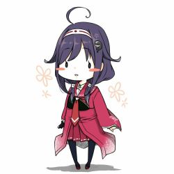 Rule 34 | 1girl, blush stickers, chibi, chimaki., full body, gloves, hair flaps, hair ornament, kantai collection, low twintails, magatama, muneate, necktie, pantyhose, partially fingerless gloves, partly fingerless gloves, purple hair, red necktie, ryuuhou (kancolle), simple background, single glove, solo, standing, taigei (kancolle), twintails, whale hair ornament, white background, yugake