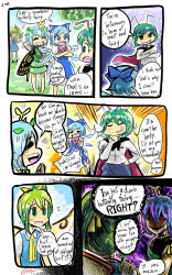 Rule 34 | 4girls, antennae, arm behind head, aura, blue bow, blue dress, blue eyes, blue hair, blue sky, bow, butterfly wings, cape, cirno, closed eyes, comic, commentary, crossed arms, daiyousei, dark aura, dress, english text, engrish text, eternity larva, evil smile, fairy wings, flying sweatdrops, gapangman, grass, green dress, green eyes, green hair, grin, hair bow, hand on another&#039;s shoulder, hand on own chin, highres, ice, ice wings, insect wings, leaf, leaf on head, left-to-right manga, multiple girls, no nose, orange background, puffy short sleeves, puffy sleeves, purple background, ranguage, red eyes, red ribbon, ribbon, short hair, short sleeves, side ponytail, signature, sky, smile, sparkle, spoilers, standing, thumbs up, touhou, tree, wings, wriggle nightbug, yellow bow