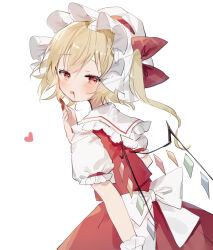 Rule 34 | 1girl, blonde hair, blood, blood on face, blood on hands, blush, crystal, flandre scarlet, hair between eyes, hat, heart, highres, long hair, mob cap, one side up, red eyes, red skirt, red vest, shirt, short sleeves, simple background, skirt, solo, sorani (kaeru0768), tongue, tongue out, touhou, vest, white background, white hat, white shirt, wings