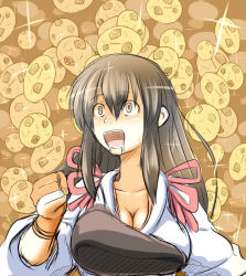 Rule 34 | 10s, 1girl, :d, akagi (kancolle), breasts, cleavage, cookie, cookie clicker, drooling, food, gloves, kantai collection, large breasts, muneate, open mouth, partially fingerless gloves, partly fingerless gloves, saliva, smile, solo, sparkle, sumeshi, yugake