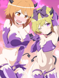 Rule 34 | 2girls, absurdres, arm up, armpits, blonde hair, blush, bow, breasts, brown eyes, brown hair, choker, collarbone, commentary request, cosplay, cowboy shot, demon horns, demon tail, elbow gloves, elly (tonari no kyuuketsuki-san) (cosplay), embarrassed, elly (tonari no kyuuketsuki-san), fang, gloves, hair bow, head tilt, heart, heart background, highres, horns, large breasts, looking at viewer, low twintails, multiple girls, natsuki hinata, navel, nose blush, open mouth, purple bow, purple eyes, purple gloves, purple legwear, ramanda, short twintails, small breasts, standing, tail, thigh strap, thighhighs, tonari no kyuuketsuki-san, twintails, w