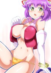 Rule 34 | :o, animal ear fluff, animal ears, areola slip, arm support, bare shoulders, belly, blush, bow, bow panties, breasts, character request, cleavage, clenched hand, collared shirt, covered erect nipples, cowboy shot, crop top, crop top overhang, elbow gloves, fang, gloves, large breasts, leg up, looking at viewer, midriff, nami makoto, navel, no pants, open clothes, open mouth, open shirt, panties, purple eyes, red shirt, shiny skin, shirt, short hair, simple background, sitting, sleeveless, sleeveless shirt, string panties, underwear, white gloves, yellow eyes, yellow panties
