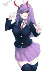 Rule 34 | 1girl, absurdres, ammonite (488091), animal ears, black thighhighs, blazer, blouse, blunt bangs, blush, buttons, collared shirt, commentary, cowboy shot, highres, jacket, long hair, necktie, open mouth, pointing, purple hair, purple skirt, rabbit ears, red eyes, red necktie, reisen udongein inaba, shirt, simple background, skirt, solo, thighhighs, thighs, touhou, white background, white shirt, zettai ryouiki