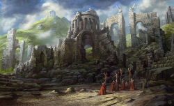 Rule 34 | 6+boys, abandoned, bald, banner, battle standard, building, cloud, commentary request, holding, monk, mountain, multiple boys, noba, original, outdoors, overgrown, red robe, robe, ruins, scenery, war banner