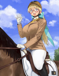 1girl aqua_bow black_footwear blonde_hair blue_sky bow breasts brown_horse brown_jacket cloud commentary conto day english_commentary gloves grey_eyes hair_bow highres holding holding_reins horse horseback_riding jacket large_breasts long_hair necktie open_mouth original outdoors pajamas red-framed_eyewear reins riding saddle semi-rimless_eyewear sky solo tree waving white_gloves white_pajamas yellow_necktie