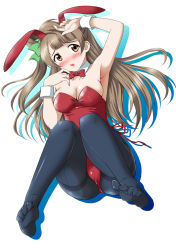 Rule 34 | 1girl, animal ears, black pantyhose, blush, bow, bowtie, breasts, brown eyes, brown hair, cleavage, commentary request, detached collar, fake animal ears, leotard, long hair, looking at viewer, love live!, love live! school idol project, lying, medium breasts, minami kotori, nose blush, one side up, pantyhose, playboy bunny, rabbit ears, red bow, red bowtie, red leotard, simple background, solo, strapless, strapless leotard, white background, wrist cuffs, yukimura hajime