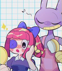 Rule 34 | 1boy, 1girl, alternate hairstyle, animal ears, black eyes, bow, button eyes, buttons, clenched teeth, dress, gloves, grid background, hair bow, high ponytail, highres, jax (the amazing digital circus), otya 0035, puffy short sleeves, puffy sleeves, purple bow, purple dress, rabbit boy, rabbit ears, ragatha (the amazing digital circus), red hair, short sleeves, teeth, the amazing digital circus, yellow gloves, yellow teeth