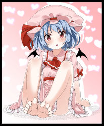 Rule 34 | 1girl, ascot, barefoot, bat wings, blue hair, dress, feet, feet together, framed, gradient background, hat, hat ribbon, heart, highres, looking at viewer, noa (nagareboshi), open mouth, pink dress, pink hair, pink skirt, puffy sleeves, remilia scarlet, ribbon, short sleeves, sitting, skirt, soles, solo, toe scrunch, toes, touhou, wings