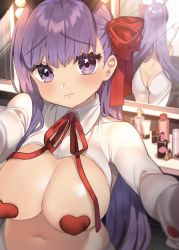Rule 34 | 1girl, 3:, arms up, ass, bb (fate), bb (fate) (all), bb (fate/extra), bb (swimsuit mooncancer) (fate), blush, breasts, closed mouth, covered erect nipples, fate/grand order, fate (series), frown, hair ribbon, heart pasties, indoors, large breasts, long hair, long sleeves, meme attire, mirror, navel, pasties, purple eyes, purple hair, red ribbon, reflection, reverse bunnysuit, reverse outfit, ribbon, sakura yuki (clochette), shrug (clothing), solo, straight hair, upper body, very long hair, white legwear