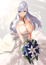 Rule 34 | 1girl, absurdres, azur lane, bare shoulders, belfast (azur lane), belfast (the pledge of claddagh) (azur lane), belfast (the pledge of claddagh) (azur lane), blue eyes, bouquet, breasts, bridal veil, bride, chain, choker, cleavage, closed mouth, collar, dress, flower, gold chain, highres, holding, holding bouquet, large breasts, long hair, moroes, silver collar, silver hair, smile, strapless, strapless dress, tiara, veil, wedding, wedding dress, white dress