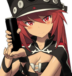 Rule 34 | 1girl, alternate color, belt bra, breasts, cape, cleavage, closed mouth, dark skin, dark-skinned female, guilty gear, guilty gear xrd, hat, long hair, looking at viewer, ramlethal valentine, red eyes, red hair, simple background, solo, white background, zaki (narashigeo)