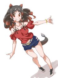 Rule 34 | 1girl, alternate costume, animal ears, bare arms, bare legs, bare shoulders, belt, black hair, blouse, casual, closed mouth, collarbone, contemporary, denim, denim shorts, dutch angle, extra ears, fake tail, head tilt, highres, hippopotamus (kemono friends), hippopotamus ears, kemono friends, long hair, looking at viewer, multicolored hair, off-shoulder blouse, outstretched arms, outstretched hand, red eyes, red hair, red shirt, shirt, shoes, short shorts, short sleeves, shorts, simple background, smile, solo, spread fingers, tail, tanabe (fueisei), two-tone hair, white background, zipper pull tab