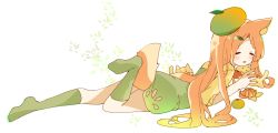 Rule 34 | 1girl, animal, animal ears, bad id, bad pixiv id, beret, blush, closed eyes, dog, dog ears, dog girl, dog tail, dress, eyebrows hidden by hair, facing viewer, food, from side, fruit, full body, green eyes, green hat, green socks, hair ornament, hat, highres, kneehighs, leaf hair ornament, leg up, long hair, lying, mandarin orange, no shoes, on stomach, open mouth, orange hair, original, socks, soles, solo, tail, thick eyebrows, tilted headwear, tsukiyo (skymint), very long hair, white background