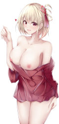 Rule 34 | 1921494015, 1girl, absurdres, bare shoulders, blonde hair, breasts, clothes pull, collarbone, commentary request, fingernails, hair ribbon, heart, highres, large breasts, long sleeves, looking at viewer, lycoris recoil, nipples, nishikigi chisato, open mouth, red eyes, red ribbon, red shirt, ribbon, shirt, shirt pull, short hair, simple background, solo, thighhighs, thighs, white background