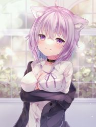 Rule 34 | 1girl, ahoge, animal collar, animal ear fluff, animal ears, arms under breasts, artist name, black collar, black jacket, blush, breasts, cat ears, cat girl, cleavage, collar, commentary request, dress shirt, highres, hololive, jacket, kara age (kiri), large breasts, long sleeves, looking at viewer, medium hair, nekomata okayu, nekomata okayu (oversized shirt), open clothes, open jacket, partially unbuttoned, purple eyes, purple hair, purple ribbon, ribbon, shirt, smile, split mouth, unbuttoned, unbuttoned shirt, virtual youtuber, white shirt