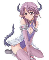 Rule 34 | 1girl, amane hasuhito, bad id, bad pixiv id, blush, breasts, character request, demon girl, elbow gloves, gloves, horns, original, pointy ears, purple eyes, purple hair, small breasts, solo, source request, tail, tears, thighhighs
