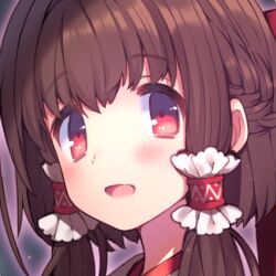 Rule 34 | 1girl, bow, braid, brown hair, commentary request, fang, frilled hair tubes, frills, grey background, hair bow, hair tubes, hakurei reimu, light blush, long hair, looking at viewer, lowres, open mouth, outline, pink outline, ponytail, portrait, red bow, red eyes, side braid, simple background, skin fang, smile, solo, touhou, usamata