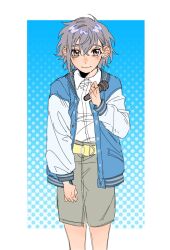 Rule 34 | 1girl, bang dream!, bang dream! it&#039;s mygo!!!!!, belt, blue background, blue jacket, closed mouth, collared shirt, commentary, cowboy shot, earrings, grey hair, grey skirt, halftone, halftone background, highres, holding, holding microphone, jacket, jewelry, jiguang haibao, looking at viewer, microphone, open clothes, open jacket, red eyes, shirt, short hair, skirt, smile, solo, takamatsu tomori, two-tone background, white background, white shirt, white sleeves