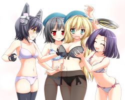 Rule 34 | 10s, 4girls, :d, arm up, atago (kancolle), bare shoulders, beret, black bra, black gloves, black hair, black legwear, black panties, blonde hair, bow, bow bra, bow panties, bra, breast envy, breasts, breasts squeezed together, cleavage, clenched hand, closed eyes, collarbone, crotch seam, fingerless gloves, frilled bra, frilled panties, frills, gloves, grabbing, grabbing another&#039;s breast, gradient background, green eyes, hair intakes, halo, hat, headgear, highres, kantai collection, ki (kk-sk-ray), large breasts, lingerie, long hair, mechanical halo, midriff, multiple girls, navel, open mouth, panties, panties under pantyhose, pantyhose, purple hair, red eyes, restrained, short hair, simple background, smile, stomach, takao (kancolle), tatsuta (kancolle), tearing up, tenryuu (kancolle), thighhighs, underwear, underwear only, white background, white bra, yellow eyes, yuri
