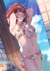 Rule 34 | 1girl, :o, absurdres, armpits, arms up, bare arms, bikini, blush, breasts, brown eyes, brown hair, cloud, commentary request, cowboy shot, floral print, front-tie bikini top, front-tie top, groin, hair between eyes, halterneck, highres, higuchi madoka, huge filesize, idolmaster, idolmaster shiny colors, mole, mole under eye, navel, open mouth, short hair, shower (place), showering, side-tie bikini bottom, sky, small breasts, solo, stomach, swimsuit, tile wall, tiles, uouokuma, wet, white bikini