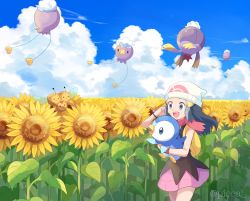 Rule 34 | 1girl, :d, backpack, bag, beanie, black hair, bracelet, cloud, combee, creatures (company), dawn (pokemon), day, drifloon, eyelashes, flower, game freak, gen 4 pokemon, grey eyes, hair ornament, hairclip, hat, highres, holding, holding pokemon, jewelry, long hair, mei (maysroom), nintendo, open mouth, outdoors, pink scarf, pink skirt, piplup, pokemon, pokemon (anime), pokemon (creature), pokemon dppt (anime), scarf, shirt, skirt, sky, sleeveless, sleeveless shirt, smile, sunflower, teeth, tongue, twitter username, upper teeth only, white headwear, yellow bag