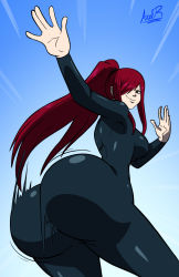 Rule 34 | 1girl, ass, ass shake, axel-rosered, back, breasts, cowboy shot, dutch angle, erza scarlet, fairy tail, hair over one eye, highres, huge ass, jiggle, large breasts, long hair, looking at viewer, looking back, open hand, ponytail, red hair, sideboob, smirk, solo, spandex