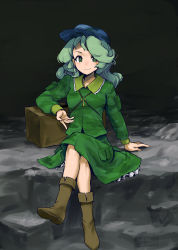 Rule 34 | 1girl, boots, box, brown footwear, camouflage, commentary request, ebizome, eyebrows hidden by hair, full body, green eyes, green hair, green skirt, hair over one eye, hat, highres, key, crossed legs, petticoat, pouch, sitting, skirt, solo, touhou, yamashiro takane