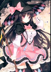 Rule 34 | 1girl, :o, absurdres, argyle, argyle clothes, argyle legwear, arm up, artist name, black capelet, black hair, blush, bow, bowtie, breasts, cape, capelet, circle skirt, cleavage, dress, frilled dress, frilled skirt, frills, hair between eyes, hand on headwear, hat, highres, holding, huge filesize, long hair, long sleeves, looking at viewer, medium breasts, nardack, non-web source, original, page number, parted lips, pink bow, pink dress, puffy long sleeves, puffy sleeves, purple eyes, ribbon, scan, short dress, sidelocks, skirt, solo, thighhighs, very long hair, witch hat, zettai ryouiki