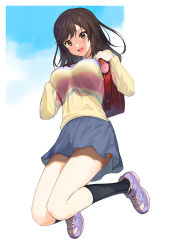 Rule 34 | 1girl, :d, a1 (initial-g), backpack, bag, blue skirt, breasts, brown eyes, brown hair, commentary request, full body, ichijou hotaru, legs, long sleeves, looking down, medium breasts, non non biyori, open mouth, purple footwear, shirt, shoes, short hair, skirt, smile, socks, solo, yellow shirt