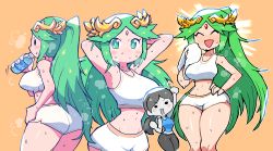 Rule 34 | 2girls, ^ ^, ^o^, absurdres, alternate costume, ass, black eyes, blue tank top, blush stickers, bottle, breasts, clenched hand, closed eyes, determined, fist pump, forehead jewel, green eyes, gym uniform, hand on own hip, highres, kid icarus, large breasts, long hair, motivator (meme), multiple girls, multiple views, narrow waist, nintendo, palutena, pants, rariatto (ganguri), shirt, shorts, steam, steaming body, super smash bros., sweat, sweatdrop, tank top, towel, water, water bottle, white shirt, white shorts, wide hips, wii fit, wii fit trainer, wii fit trainer (female), yoga pants