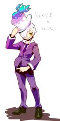 Rule 34 | 10s, 1boy, creatures (company), fire, formal, game freak, gen 5 pokemon, grin, hair over one eye, hat, litwick, male focus, necktie, nintendo, personification, pointing, pokemon, pokemon bw, short hair, simple background, smile, solo, suit, teeth, white hair, yellow eyes, zippo (3756c)